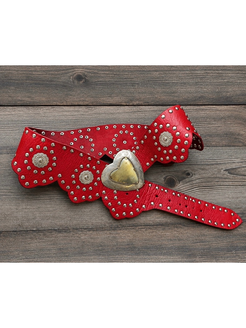 Anthropologie  RARE Red Leather Multi Heart Studded Hip Belt One Size